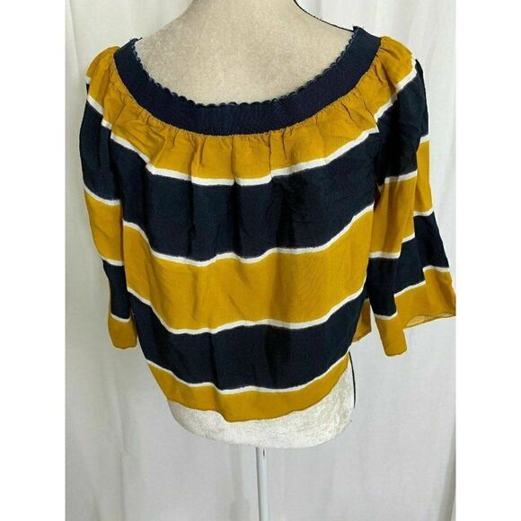 Zara Womens Navy Blue Yellow Striped Long Sleeve Crop Top Small - Picture 4 of 5